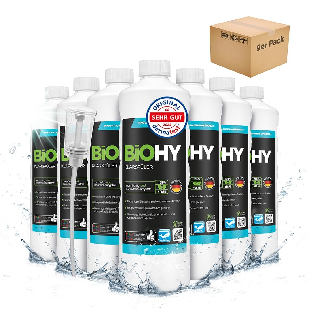 BiOHY Rinse Aid (9 x 1l Bottle) + Dispenser | Ecological high concentrate | Suitable for all (commercial) dishwashers, for unbeatable shine on glasses | BIO-logically degradable (Klarspler)