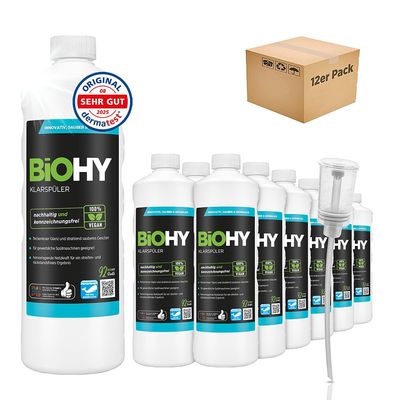 BiOHY Rinse Aid (12 x 1l Bottle) + Dispenser | Ecological high Concentrate | Suitable for All (Commercial) dishwashers, for Unbeatable Shine on Glasses | BIO-logically degradable (Klarspler)