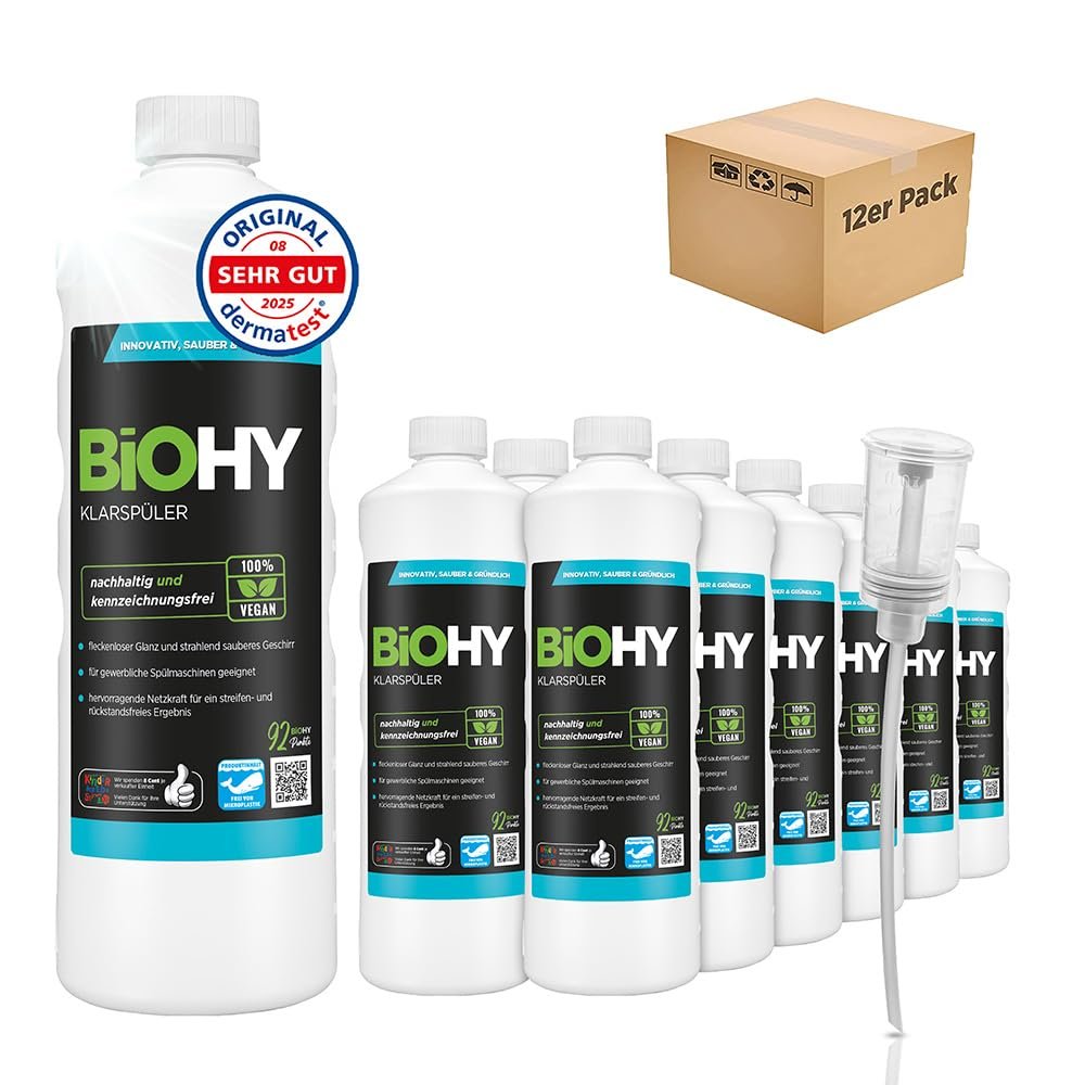 BiOHY Rinse Aid (12 x 1l Bottle) + Dispenser | Ecological high Concentrate | Suitable for All (Commercial) dishwashers, for Unbeatable Shine on Glasses | BIO-logically degradable (Klarspler)
