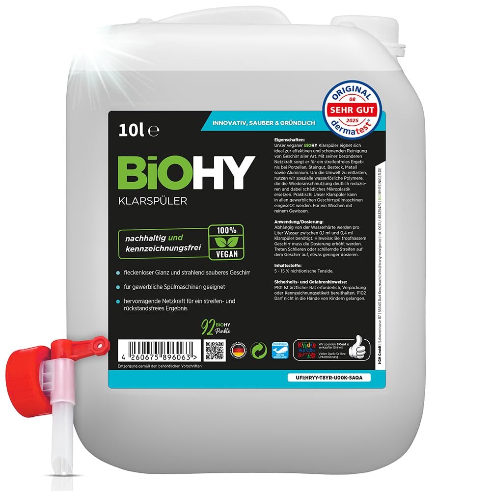 BiOHY Rinse Aid (10l Canister) Discharge tap | Ecological high Concentrate | Suitable for All (Commercial) dishwashers, for Unbeatable Shine on Glasses | BIO-logically degradable (Klarspler)