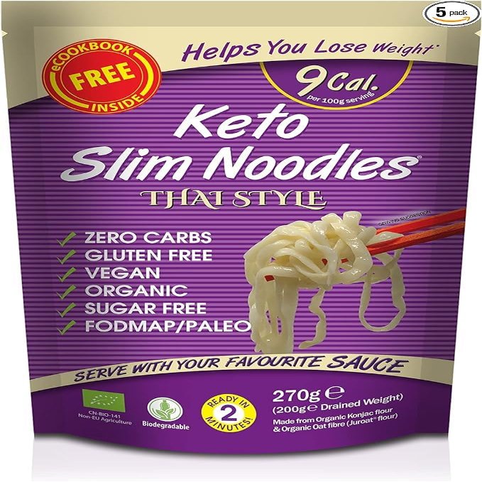 Eat Water Keto Slim Thai Style Shirataki Noodles (Pack of 5 x 270g) Organic Konjac Flour & Oats, Zero Carb, Low Calorie, Gluten, Fat & Sugar Free, Vegan High Fibre Ready to Eat, Paleo Diet Friendly