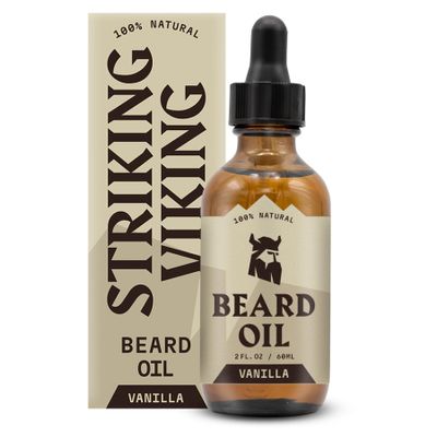 Striking Viking Beard Oil for Men - 60 ml, Vanilla Scent - Vegan Beard Care Blend of Jojoba & Almond - Tea Tree Oil Formula to Banish Itch - Thickens & Nourishes with Argan & Grapeseed