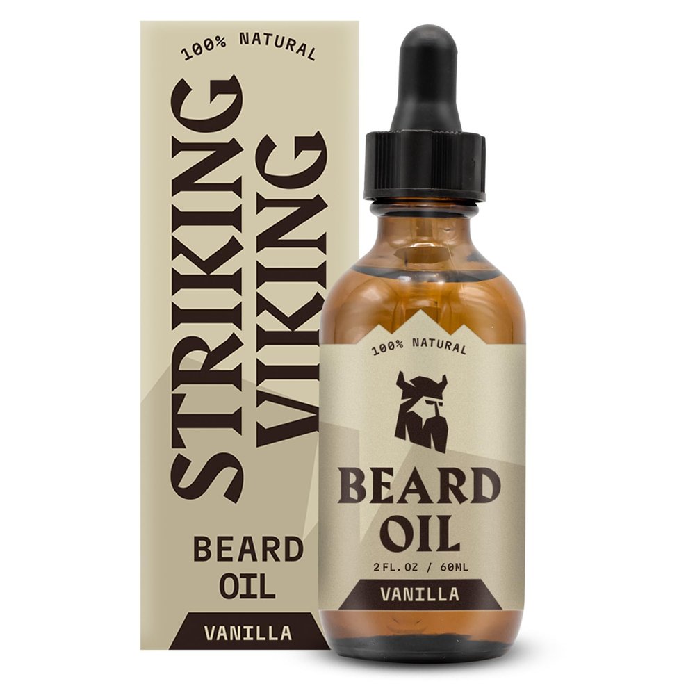 Striking Viking Beard Oil for Men - 60 ml, Vanilla Scent - Vegan Beard Care Blend of Jojoba & Almond - Tea Tree Oil Formula to Banish Itch - Thickens & Nourishes with Argan & Grapeseed