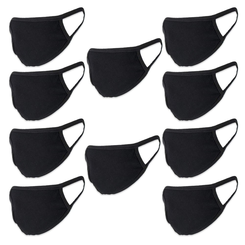 Buttonsmith Black Adult Cotton Face Mask - Pack of 10 - Two Layer Soft T-Shirt Material - Washable, Reuseable - Adult One Size - Made in The USA