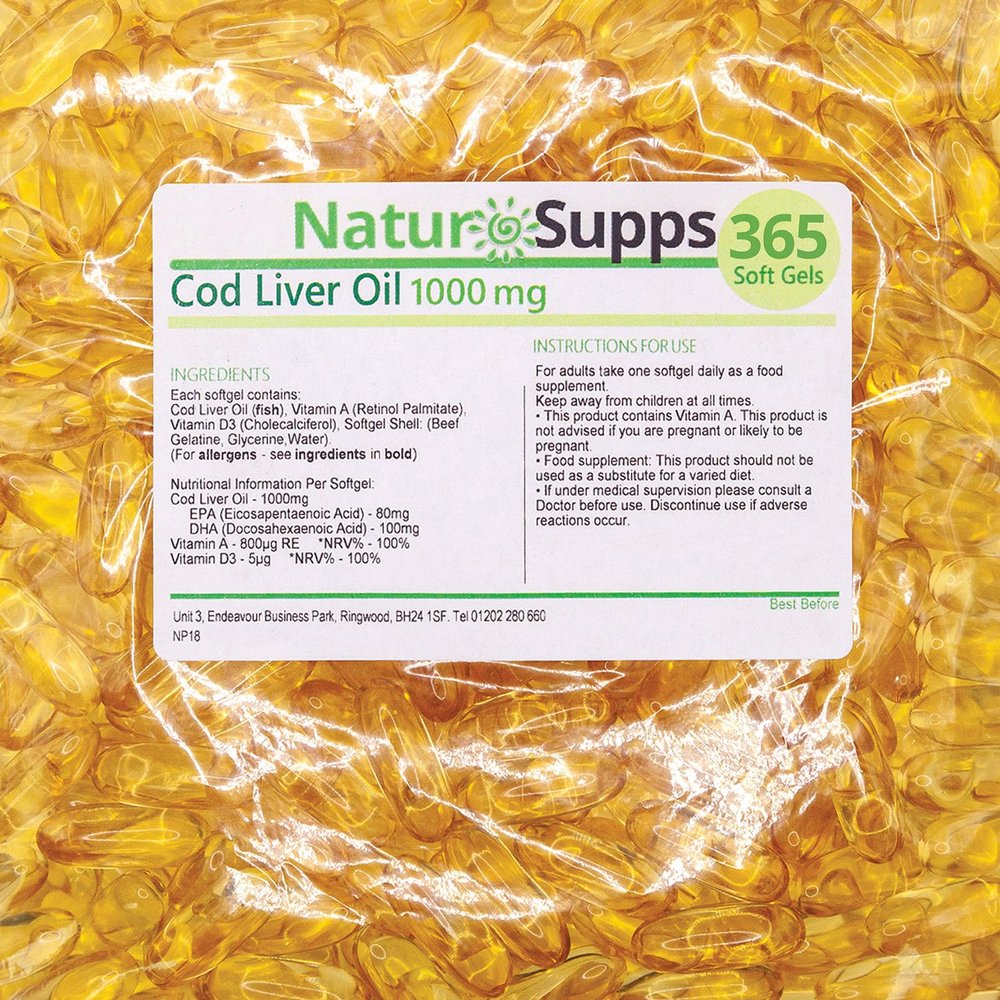 Cod Liver Oil Capsules High Strength 1000mg, 365 Omega 3 Softgels, EPA DHA Vitamin A Vitamin D3, 1 Year Supply, Gluten Free, UK Made by Natur Supps