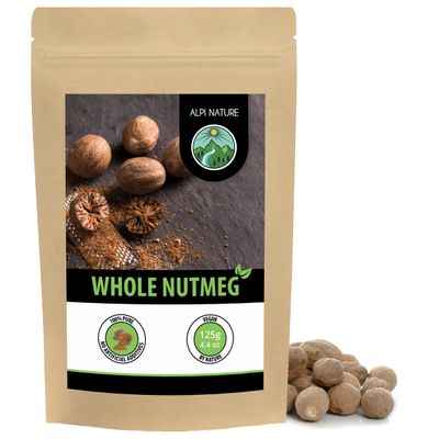 Alpi Nature Nutmeg Whole 125g 4.4 oz, Whole Nutmeg for Cooking, Baking, Mulled Wine, Eggnog