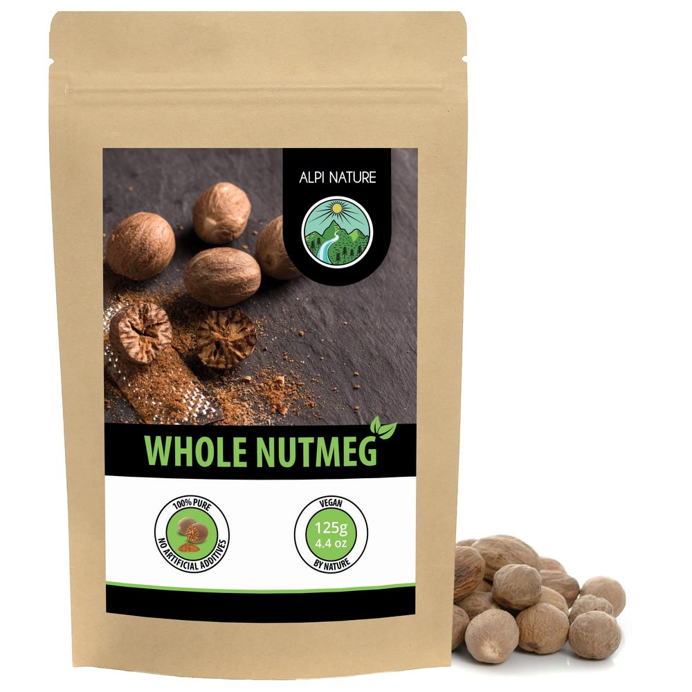 Alpi Nature Nutmeg Whole 125g 4.4 oz, Whole Nutmeg for Cooking, Baking, Mulled Wine, Eggnog