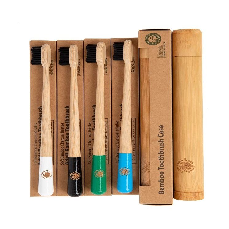 Colourful Eco-Friendly Bamboo Toothbrushes & 1 Toothbrush Travel Case - Drum Stick Handle, Bamboo Charcoal Infused Bristles