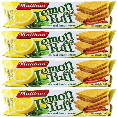 Maliban Lemon Puff Tea Biscuits 200g Per Pack 100% Genuine with Real Lemon Cream (4 Packs)