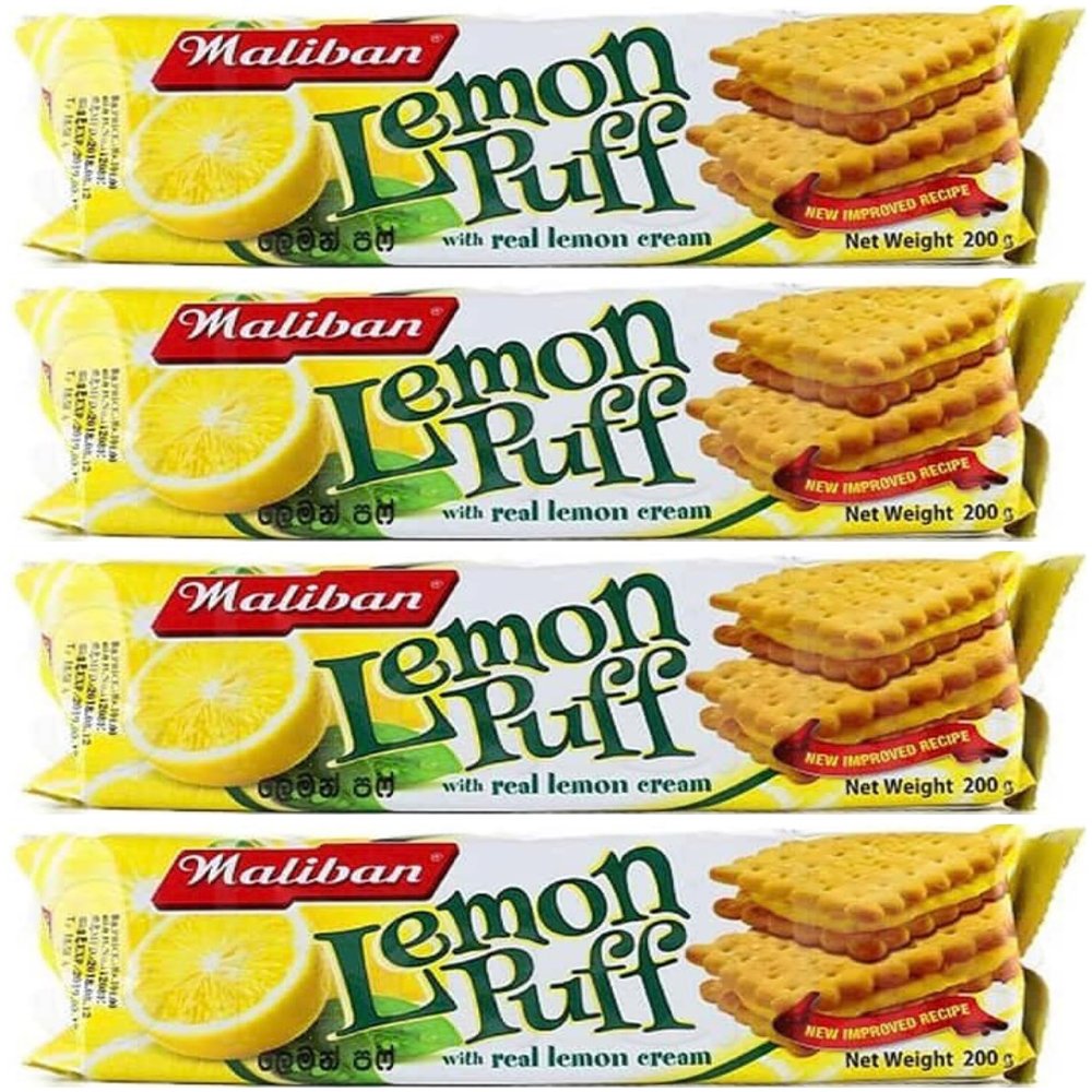 Maliban Lemon Puff Tea Biscuits 200g Per Pack 100% Genuine with Real Lemon Cream (4 Packs)