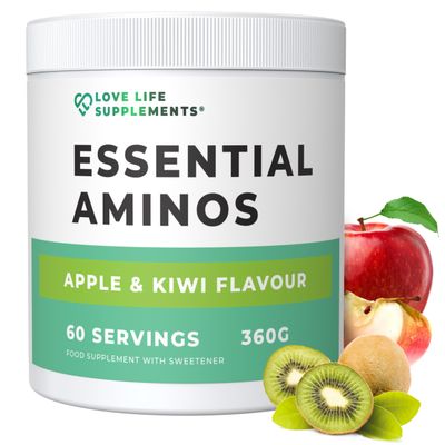 EAA Amino Acids Powder, All 9 Essential Amino Acids Including BCAA's and 2 Grams of Leucine per Serving, Apple & Kiwi Flavour, 348g - 60 Servings (5g of EAA's per Serving) - Love Life Supplements