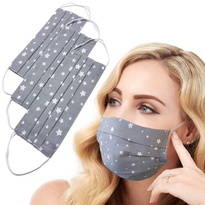 Lilind 3 Pack Face Masks, Comfortable Cozy Gift, Handmade in UK, Breathable Soft Cloth, Reusable and Washable Covering, 100% Cotton, 3 pcs Gray Stars