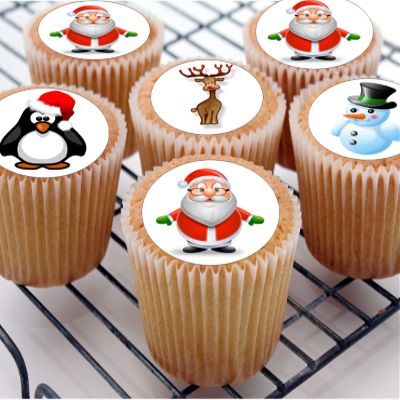 The Cake Decorators Boutique 24 Christmas Characters Style edible Iced Icing CupCake Toppers