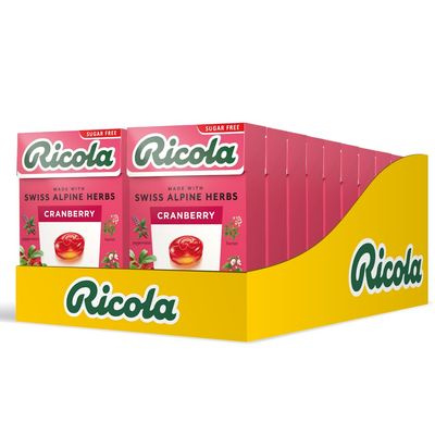 Ricola Cranberry Sugar Free Swiss Herbal Sweets, Herb Drops, Sweet Box 45g - Pack of 20 Boxes