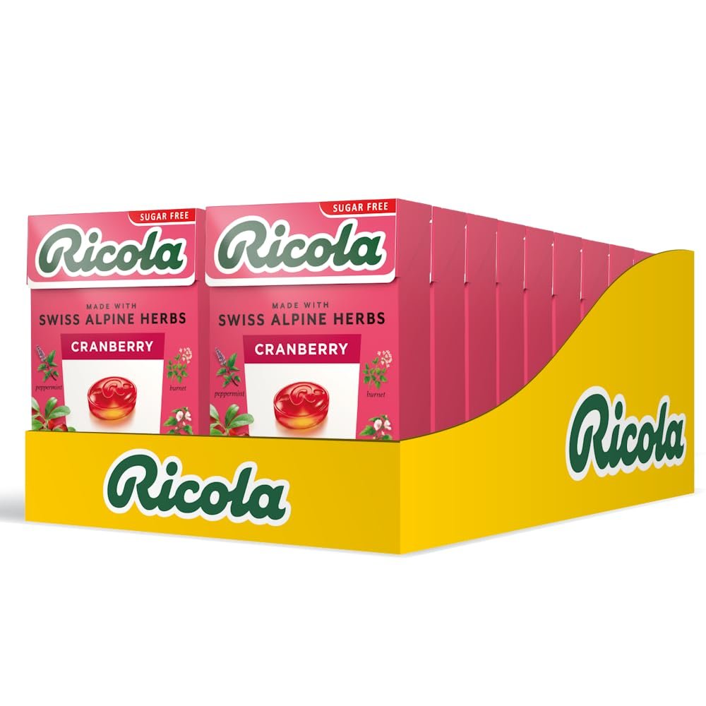 Ricola Cranberry Sugar Free Swiss Herbal Sweets, Herb Drops, Sweet Box 45g - Pack of 20 Boxes