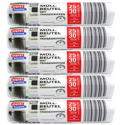 opti Home Bin Liners with Handle, 25 Litres, 30 per Roll, Clear (Pack of 5)
