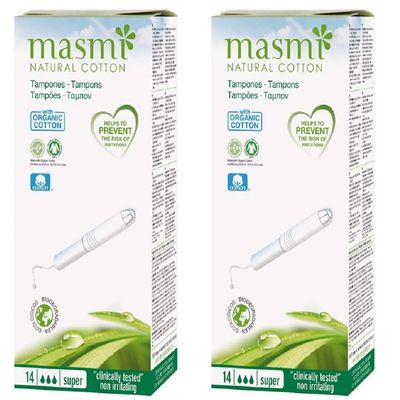 2 x 14 Masmi Super Applicator Cotton Tampons Certified Organic Hypoallergenic, Biodegradable, Cardboard Applicator, Free of Perfume Viscose Rayon Chlorine and Dioxin (Twin Pack)