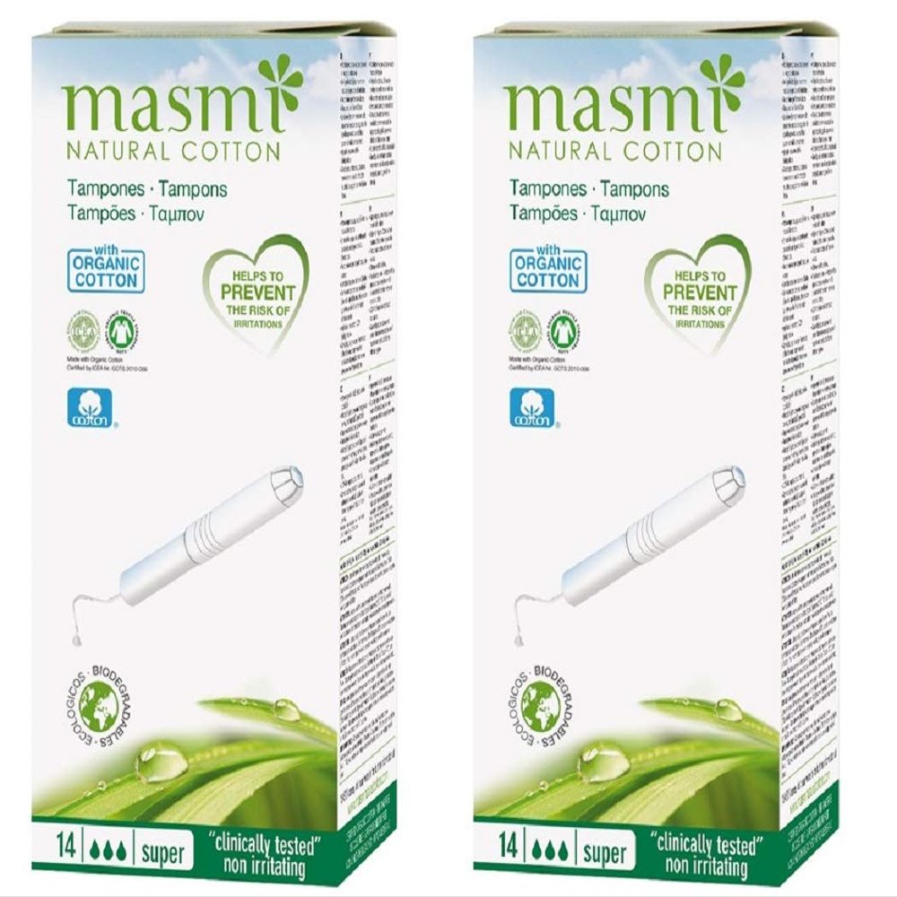 2 x 14 Masmi Super Applicator Cotton Tampons Certified Organic Hypoallergenic, Biodegradable, Cardboard Applicator, Free of Perfume Viscose Rayon Chlorine and Dioxin (Twin Pack)
