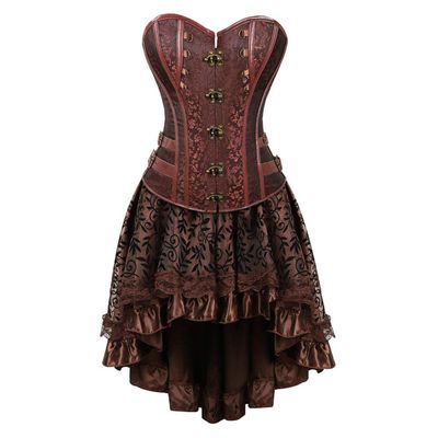 KHDFYER Sexy Lingerie for Sex Women Steampunk Gothic Overbust Corset Dress Brocade Lace Up Corsets and Bustiers with Layed Skirt-C_M