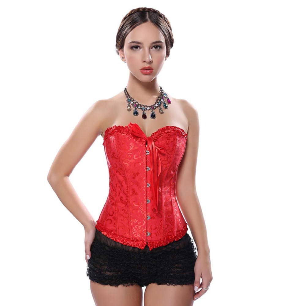 KHDFYER Underwear for Women Sexy Satin Floral Gothic Lace Up Boned Overbust Corset Bustier Waist Trainer Plus Size S-6Xl with G-String-Red_6XL