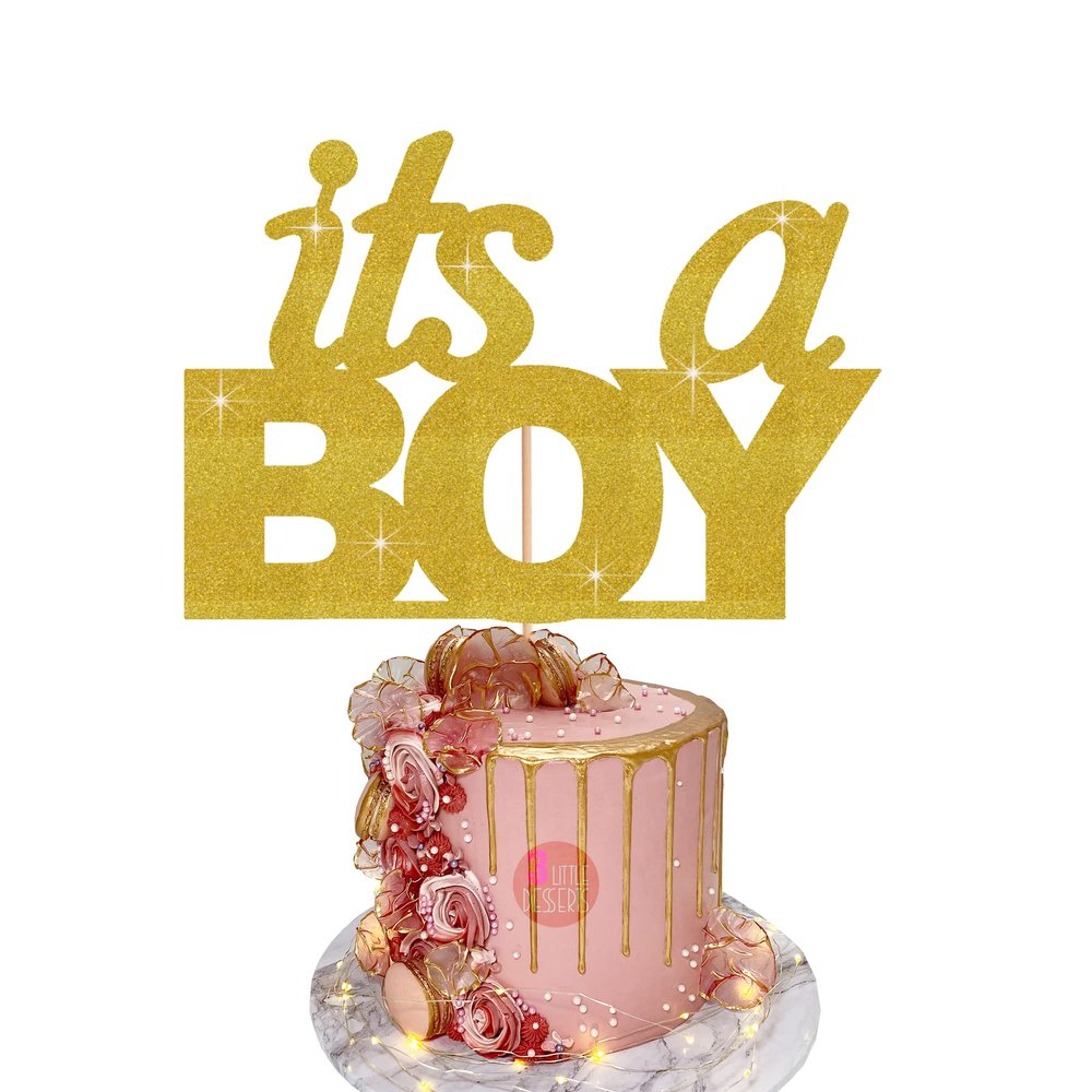 It's a Boy Cake Topper - Baby Shower Toppers - Gender Reveal Cake Decorations - Double Sided Glitter Card (GOLD)