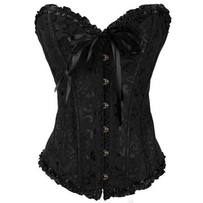 KHDFYER Fetisch Sex Clothes Women Sexy Satin Floral Gothic Lace Up Boned Overbust Corset Bustier Waist Trainer Plus Size S-6Xl with G-String-Black_XXXL