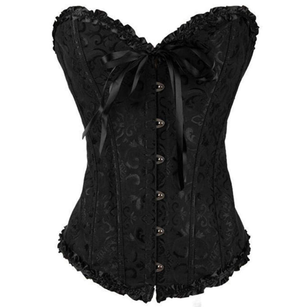 KHDFYER Fetisch Sex Clothes Women Sexy Satin Floral Gothic Lace Up Boned Overbust Corset Bustier Waist Trainer Plus Size S-6Xl with G-String-Black_XXXL