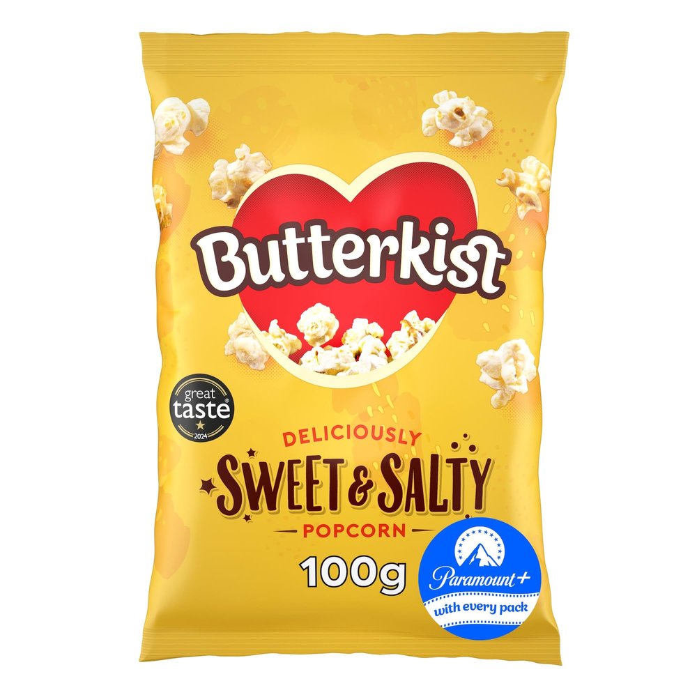 Butterkist Delicious SWEET & SALTY Popcorn 100g, Case of 8 Bags - Gluten free, Source of Fibre, Made from Wholegrains, No Artificial Colours or Flavours, Suitable for Vegetarians