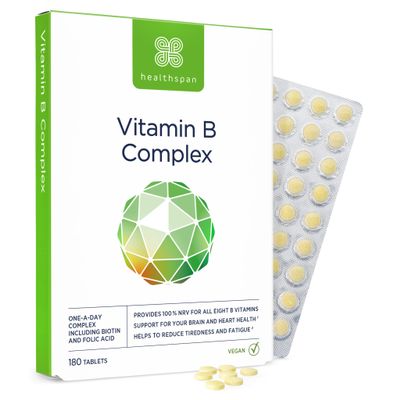 Healthspan Vitamin B Complex | 8 B-Complex Vitamins | Heart Health, Mental Performance & Psychological Function | Combat Tiredness & Fatigue | Gelatin Free | Vegan (180 Tablets)
