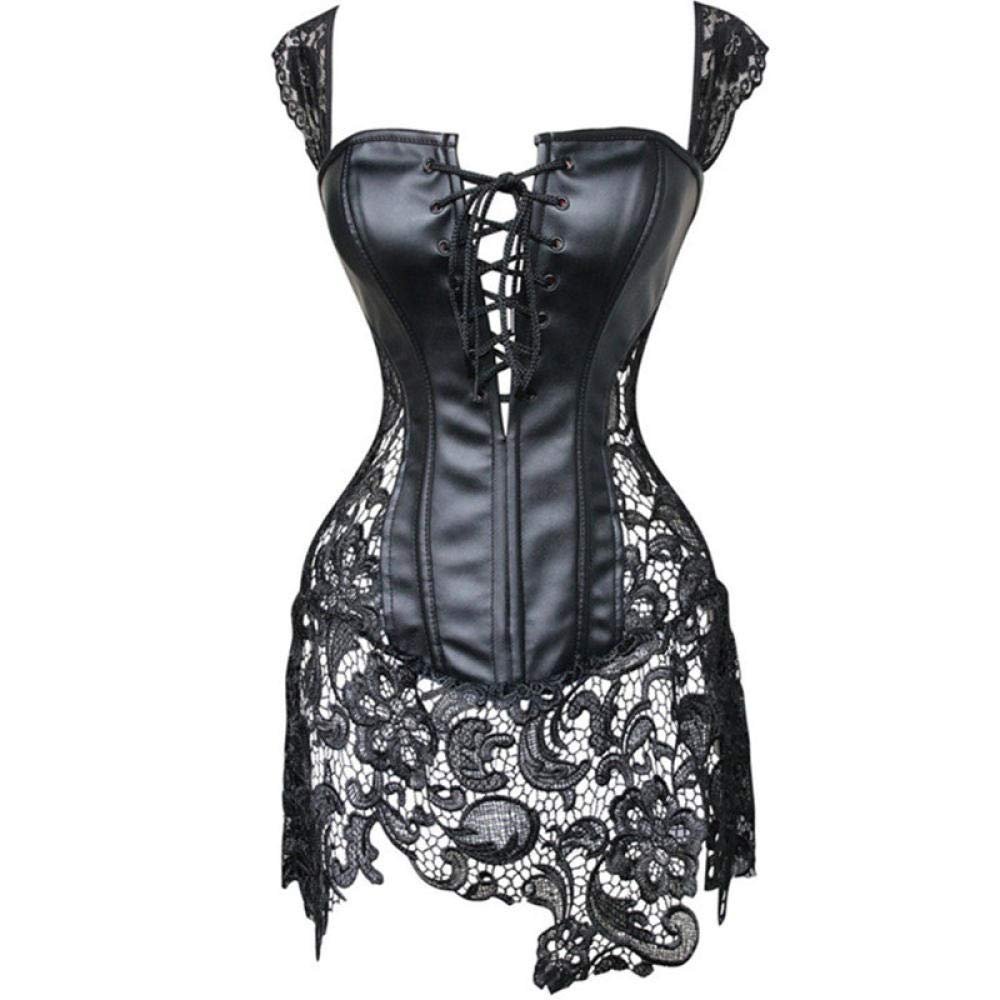 KHDFYER Sexy Outfits for Women Sexy Lingerie Women Black Faux Leather&Lace Burlesque Steampunk Corset Dress Waist Gothic Bustier Corpet Plus Size-Black_6XL