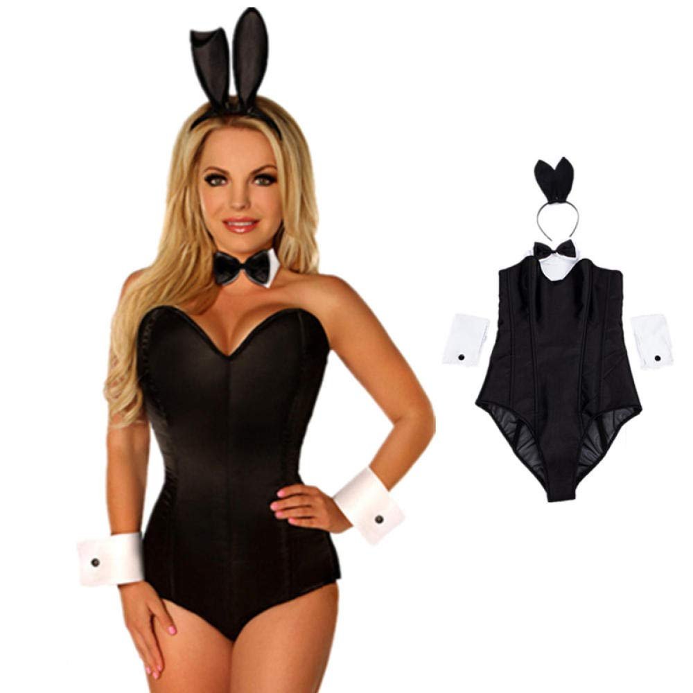 KHDFYER Sexy Lingerie Sexy 4Pcs/Set Sexy Black Bunny Uniforms Temptation Bodysuit Bunny Sexy Lingerie Costumes Bunny Girl Nightclub Party Wear-Black_S