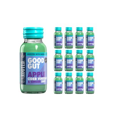 Unrooted Apple Cider Vinegar Shots Multipack Good Gut Booster & Natural Prebiotics - 12 x 60ml Bottles - Apple Cider Vinegar, Ginger, Spirulina, Coconut Water & Baobab