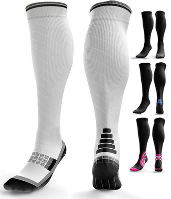 aZengear Compression Socks (20-30mmHg) Anti DVT Air Flying Knee-High Flight Travel Stockings, Swollen Legs, Varicose Veins, Running, Shin Splints Calf Pressure Support, Sports (White Grey S/M)