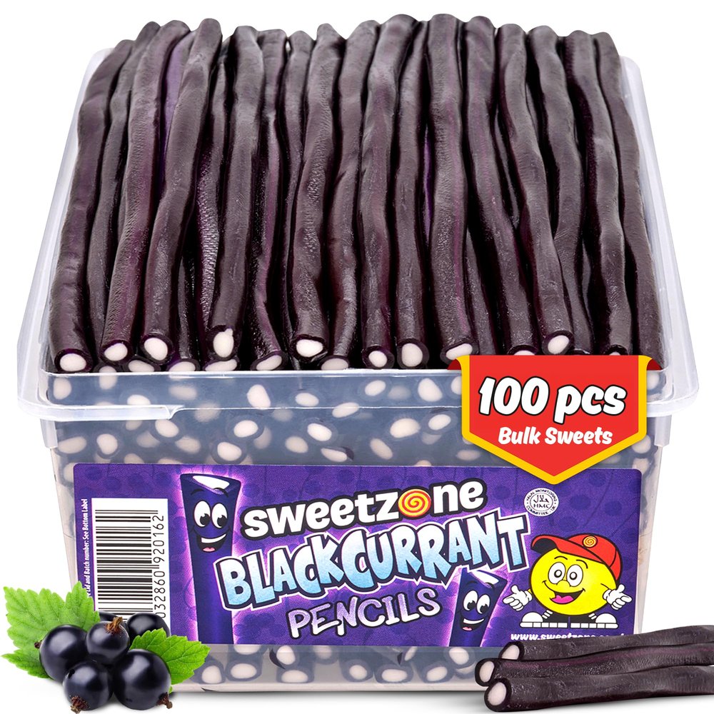 Sweetzone Blackcurrant Pencils, Retro Sweets Tub, Candy Sticks, 100 pcs, Halal Sweet, Sweets Bulk, Gummy American Candies, UK British Candy Enthusiasts