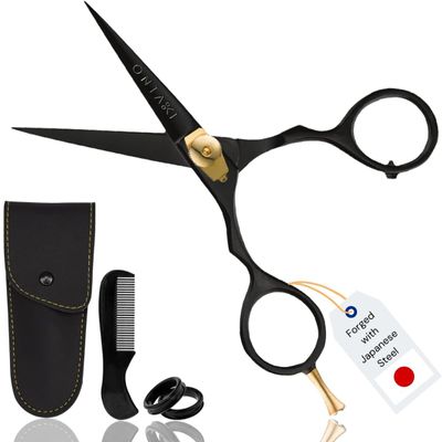 ONTAKI Beard Moustache Scissors 5.5" Professional Japanese Steel Comb, Carrying Pouch Beard Mustache Trimming Hand Forged Bevel Edge Precision Men Facial Hair Grooming Kit Body Facial Hair Black Gold