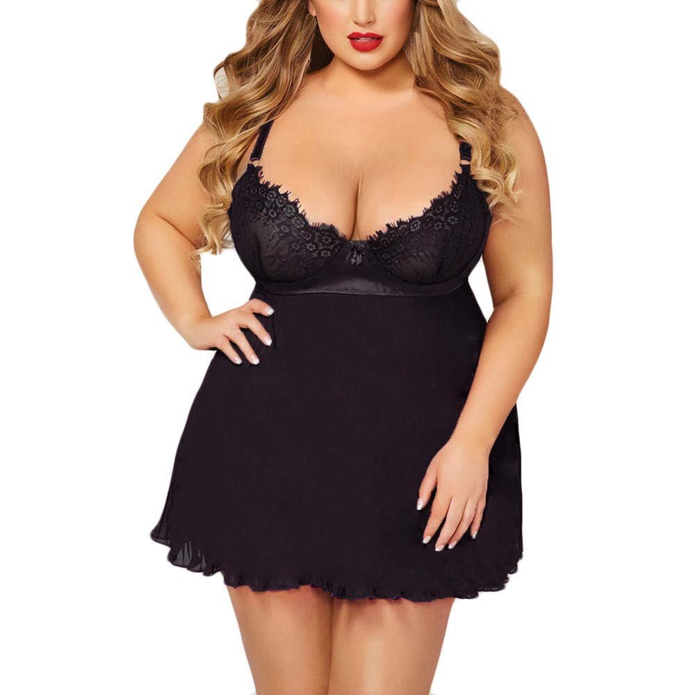 Babydolls Sexy Lingerie Sleepwear Large Size Night Dress Lingerie Women Babydoll Nightwear Sexy Lace Nightdress Underwear G-String Set-Black_M