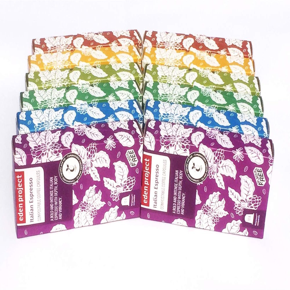 120 Eden Project PLASTIC FREE Nespresso Compatible "Rainbow" coffee capsules. 20 Italian Espresso, 20 Decaf, 20 Guatemala, 20 Gusto Espresso, 20 Colombia, 20 Costa Rica.