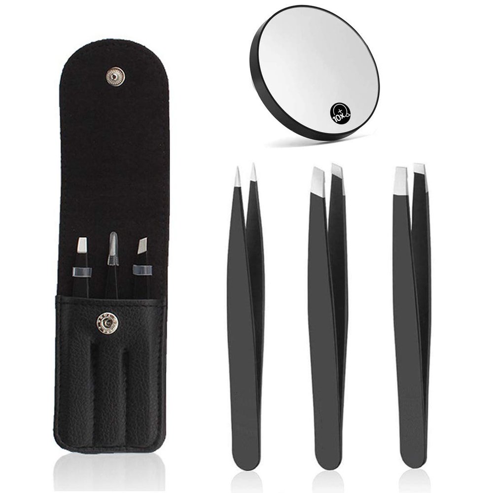 3Pcs Eyebrow Tweezers & 10x Magnification Mirror Set - Professional Stainless Steel Precision Plucking Tweezer for Eyebrows,Ingrown Hair,Facial Hair Remover,Beauty Tool for Women Men