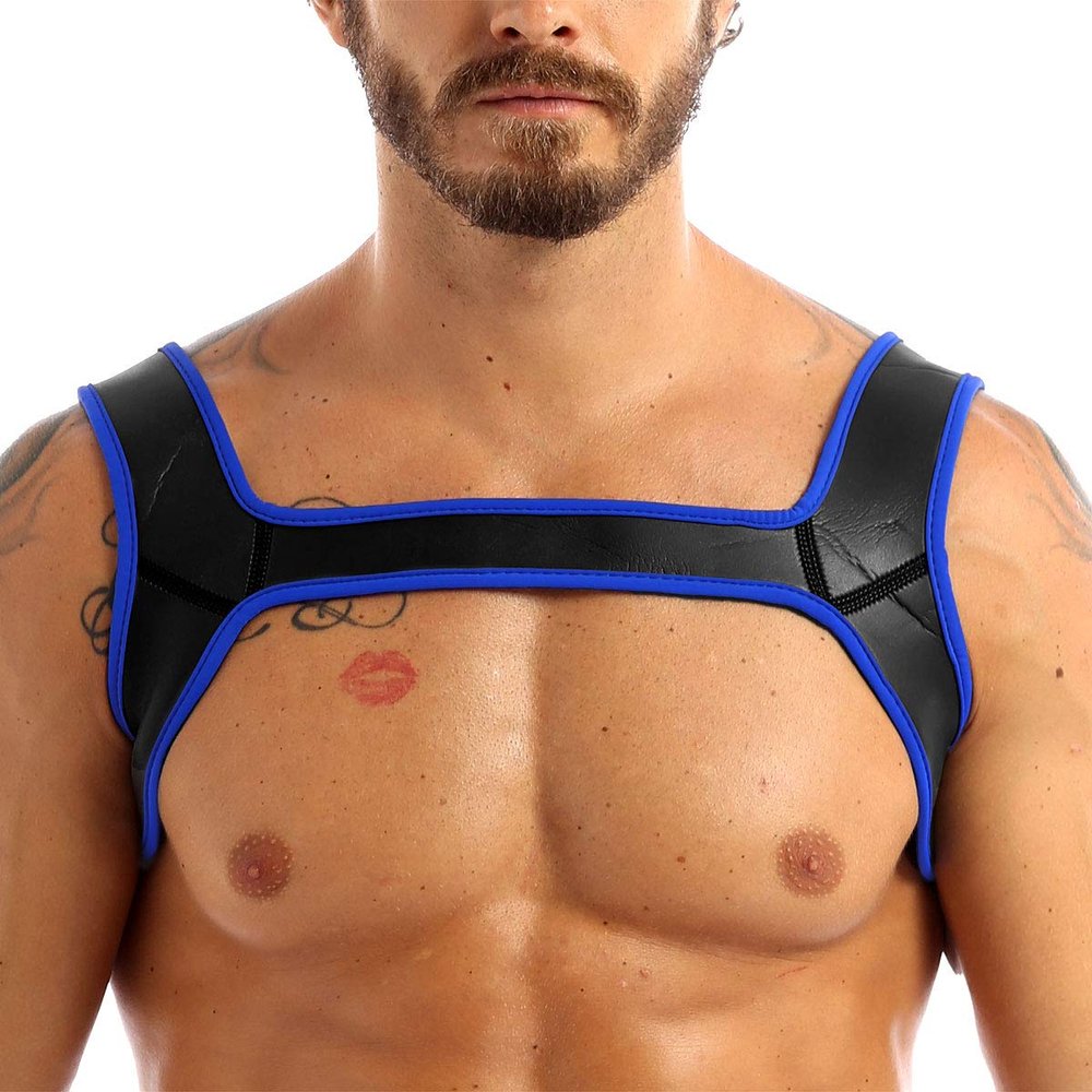 JEATHA Men's Neoprene Wide Shoulder Straps Chest Harness Belt Muscles Protector Clubwear Blue L