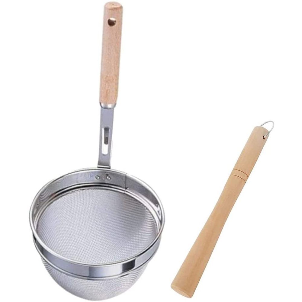 TIKUSAN Miso Strainer and Muddler Miso Dissolver Misokoshi Stainless Steel with Wooden Muddler for Making Miso Soup Made in Japan Large Size