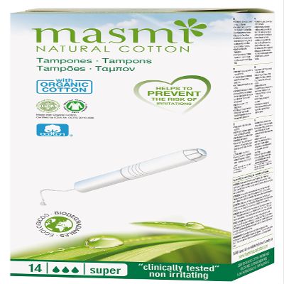 14 Masmi Super Applicator Cotton Tampons Certified Organic Hypoallergenic, Biodegradable, Cardboard Applicator, Free of Perfume Viscose Rayon Chlorine and Dioxin (Single Pack)