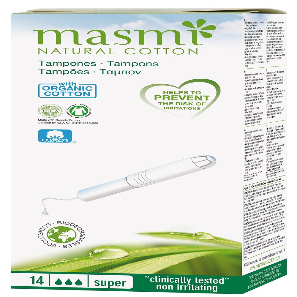 14 Masmi Super Applicator Cotton Tampons Certified Organic Hypoallergenic, Biodegradable, Cardboard Applicator, Free of Perfume Viscose Rayon Chlorine and Dioxin (Single Pack)