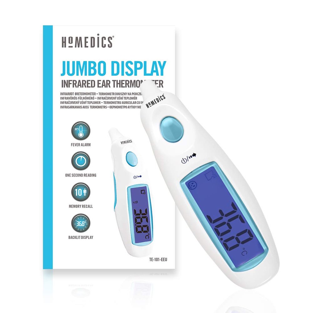 HoMedics Digital Medical Ear Thermometer with Jumbo Display - Highly Accurate Readings for Adult and Baby Instant Measurement, Waterproof Probe, Fever Alarm, 10 Memories, Simple One Button Operation