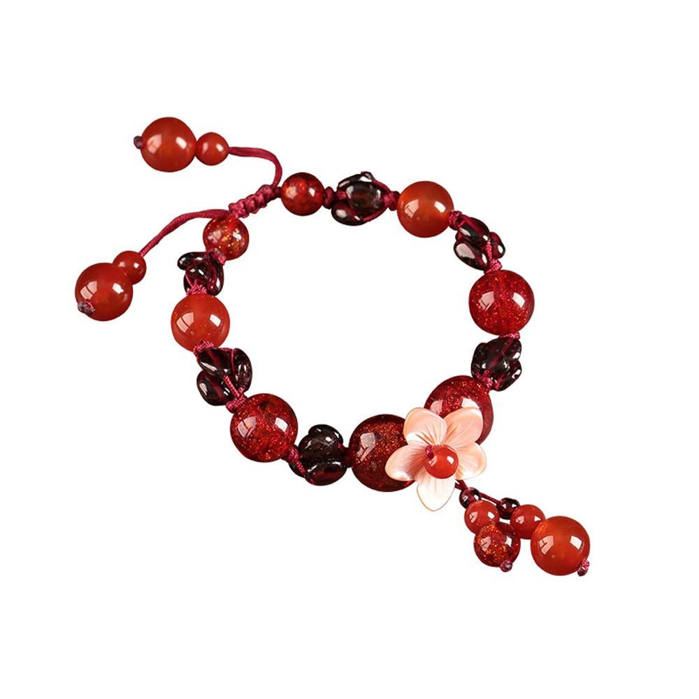 Adjustable Ladies Garnet Bracelet Beads Hand Strap Accessories Retro National Wind Hand-Knitted Wristband Jewellery-red