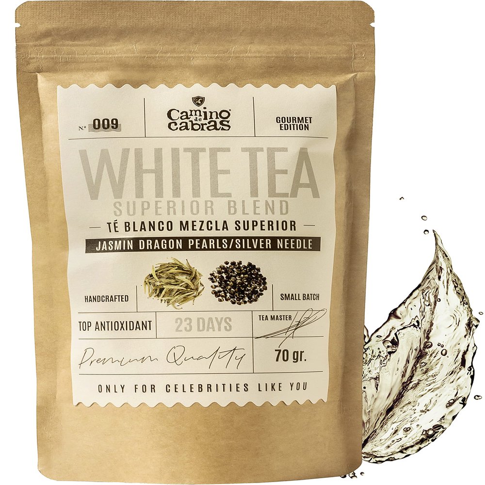 Antioxidant Tea CAMINO DE CABRAS | Green & White Tea Superior Blend Pai Mu Tan & Dragon Pearl Jasmine | Hand-Harvested Loose Leaf | Antioxidant, Detox, Digestion | Herbal Tea Selection | 100g