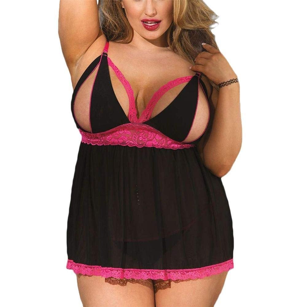 Sexy Costumes for Women Women Night Dress Plus Size Sexy Nightgowns Lace Mesh Lingerie Babydoll Split Cup Nightwear Sleepwear Thongs Set-Black_S