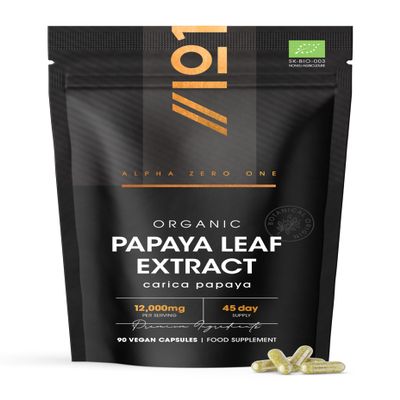 Organic Papaya Leaf Extract 12,000mg - High Strength Carica Papaya Extract 90 Vegan Capsules Resealable and Recyclable Pouch by Alpha01