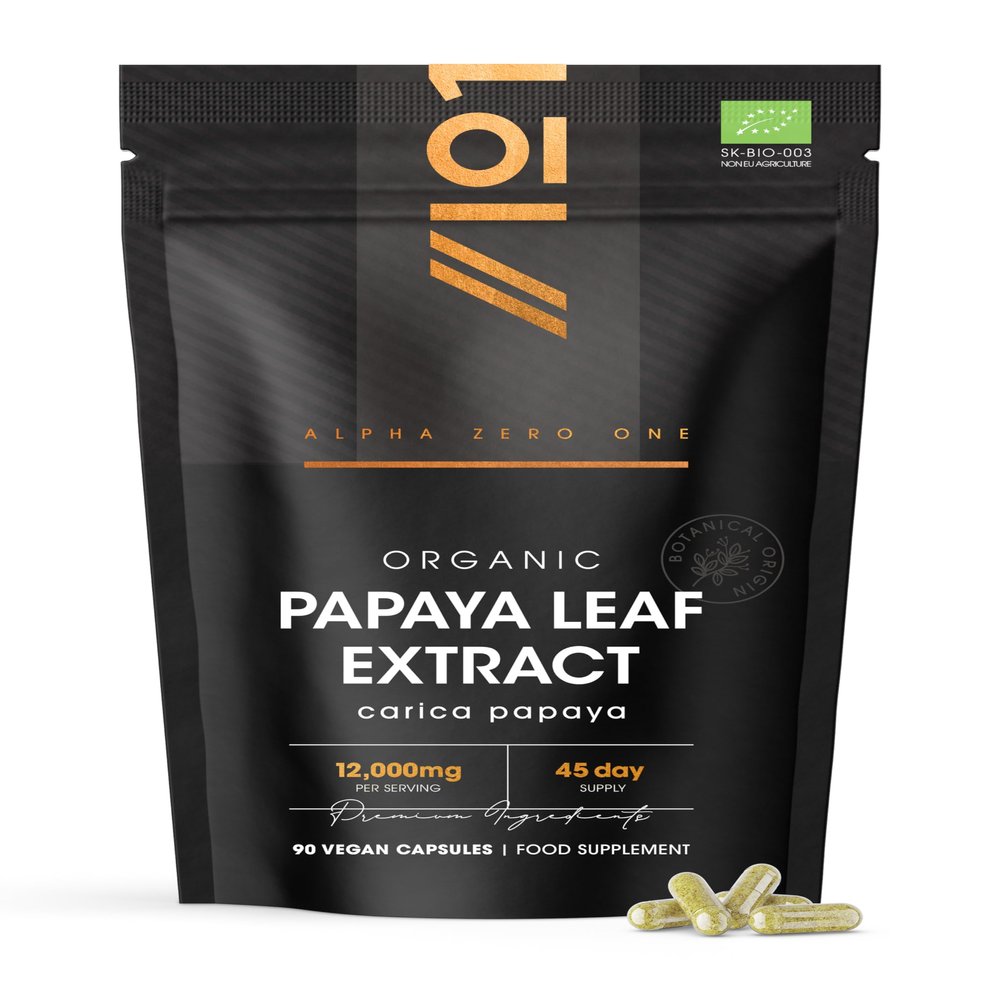 Organic Papaya Leaf Extract 12,000mg - High Strength Carica Papaya Extract 90 Vegan Capsules Resealable and Recyclable Pouch by Alpha01