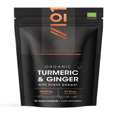 Organic Turmeric 1440mg with Ginger & Black Pepper - High Strength Curcuminoids - 90 Vegan Capsules - Resealable and Recyclable Pouch - by Alpha01