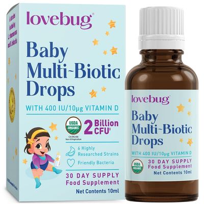 Lovebug Baby Probiotic Drops  2 Billion CFU Multi-Strain Formula with Vitamin D (400 IU) - Tasteless & Sugar-Free Liquid Drops for Newborns, Babies and Infants (0-24 Months) - 30 Day Supply